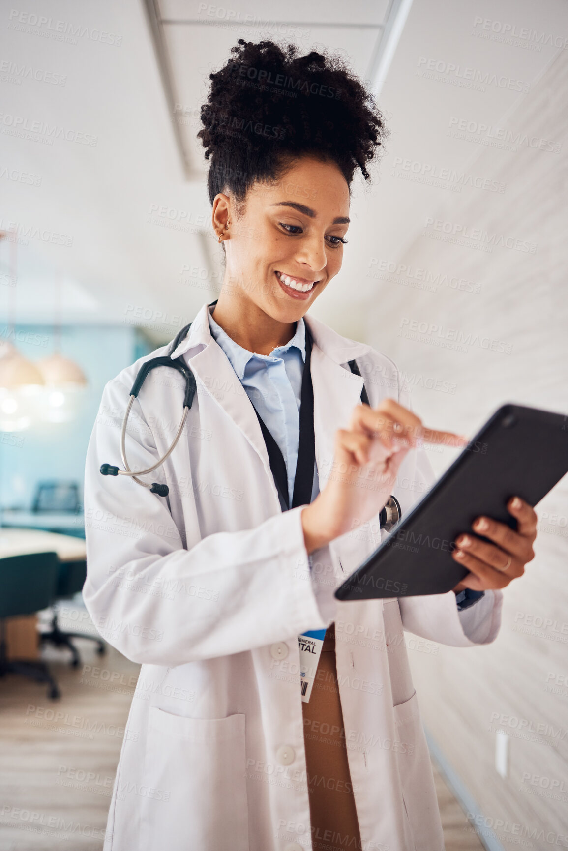 Buy stock photo Black woman, tablet and doctor online for medical research, results or healthcare consultation. Hospital worker or person hand to scroll website, search or mobile app or health insurance advice