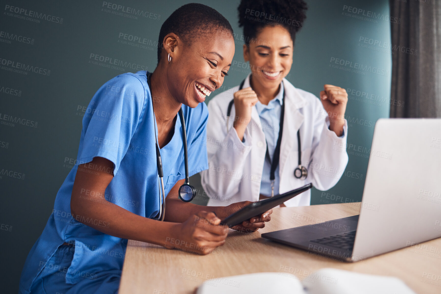 Buy stock photo Laptop, black women or doctors in celebration of success for healthcare goals, achievement or hospital targets. Tablet, happy medical winners or nurses celebrating winning victory, good news or deal