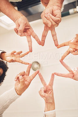 Buy stock photo Business people solidarity, together and peace hands sign for company commitment, job unity or collaboration. Group star, mission teamwork and below view of design team building for community support