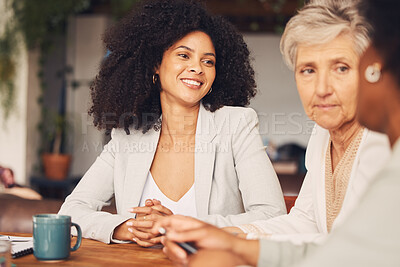 Buy stock photo Coffee shop, meeting and diversity women in group conversation, b2b networking and business ideas. Happy black people or entrepreneur in restaurant or cafe for remote work, social community and talk