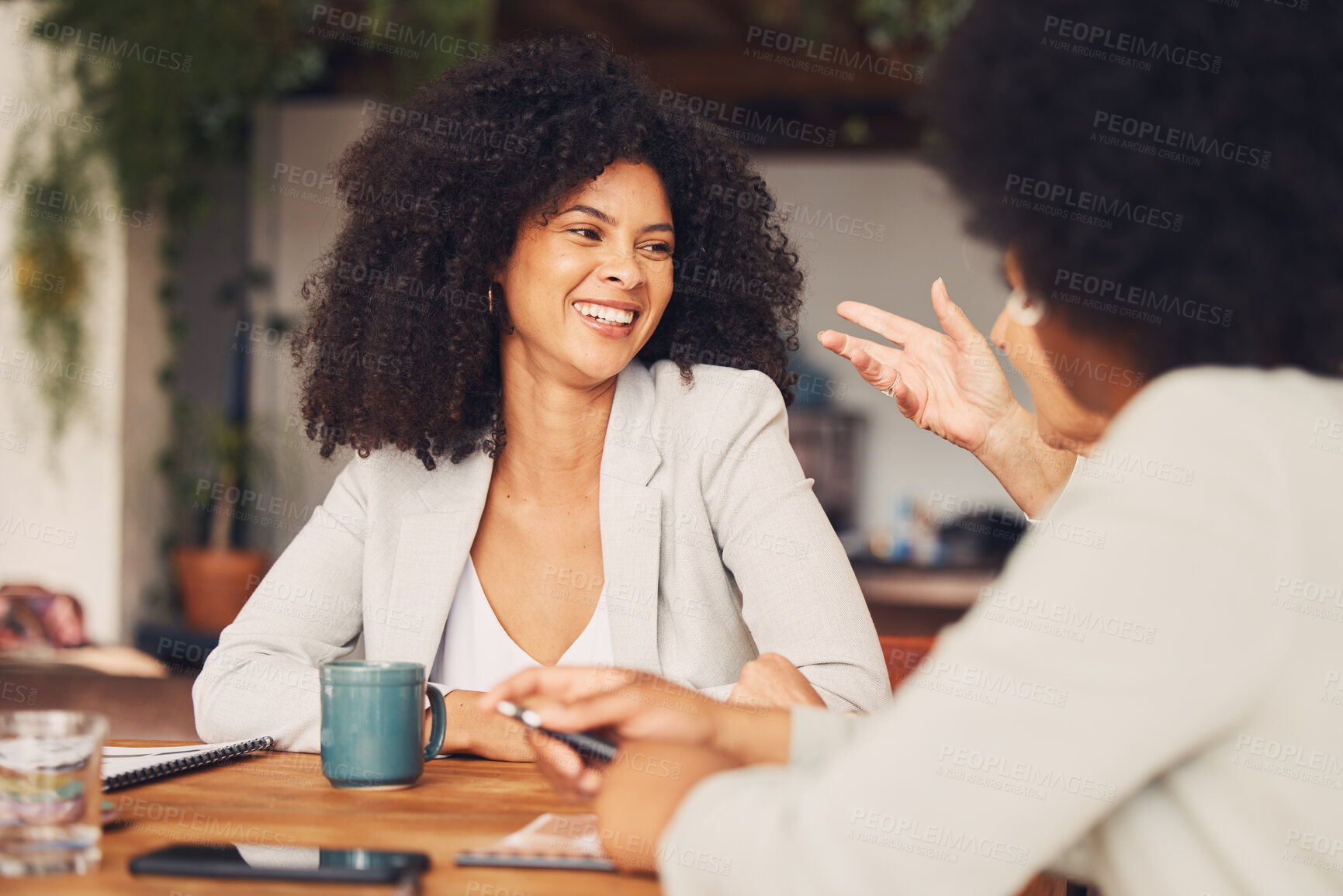 Buy stock photo Coffee shop, meeting and happy black woman in conversation, b2b networking and business planning collaboration. Professional people, entrepreneur in restaurant, cafe or remote workspace talking