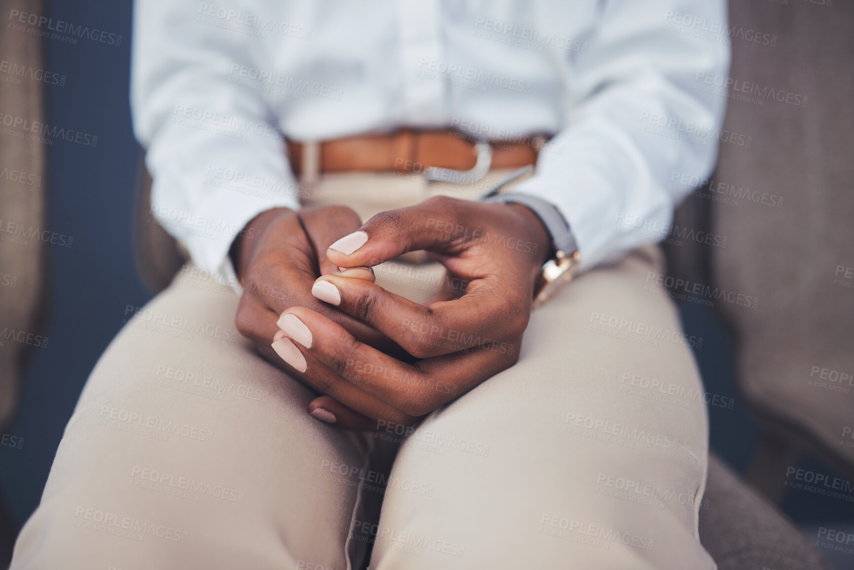 Buy stock photo Nervous, hands and woman waiting for an interview or hr business meeting in a corporate office. Anxiety, stress and professional African female employee playing with her hand in the workplace.