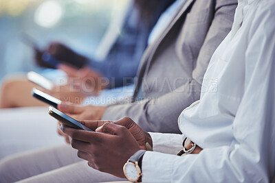 Buy stock photo Hands, phone and human resources with a group of people waiting in line for an interview or meeting. Mobile, hiring and recruitment with business collegues sitting in an hr candidate shortlist row