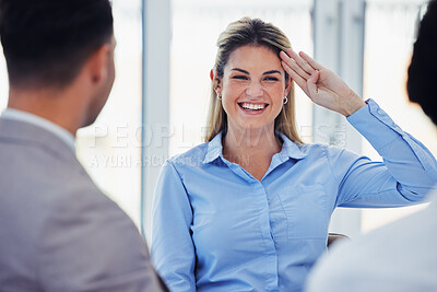 Buy stock photo Business woman, smile and salute in office in meeting with people in company workplace. Welcome, corporate or happy female employee laughing and saluting for greeting, hello and respect for employees