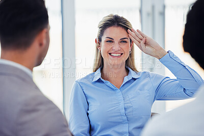 Buy stock photo Business woman, smile and salute for greeting, meeting or respect in services at office. Happy corporate woman employee saluting and smiling in welcome, hello or introduction with people at workplace