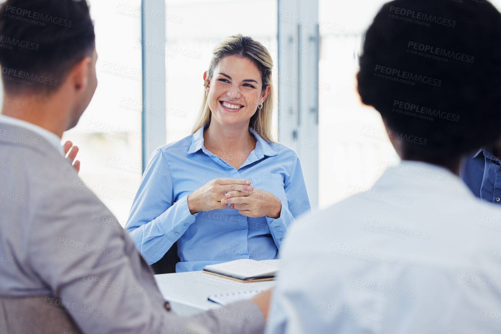 Buy stock photo Business meeting, planning and happy woman for b2b communication, clients discussion and corporate proposal. Manager, employees or professional people talking of project ideas, strategy and goals