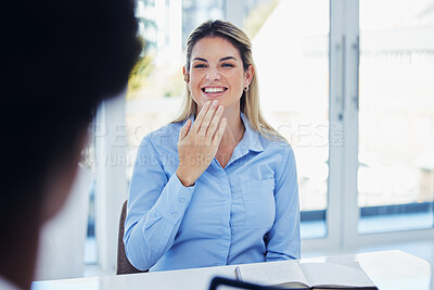 Buy stock photo Business, woman and meeting for planning, deaf and share ideas for profit growth, brand development and success. Female employee, manager and happy agent with sign language, happiness and workplace