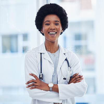 Buy stock photo Medical, smile and happy with portrait of black woman for healthcare, expert and professional. Medicine, wellness and surgeon with doctor in hospital for proud, confidence and life insurance 