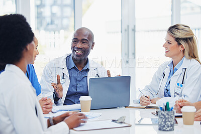 Buy stock photo Meeting, medical and doctors with laptop for research, planning and surgical innovation at hospital. Doctor, team and health experts brainstorm, problem solving and discussing online project together