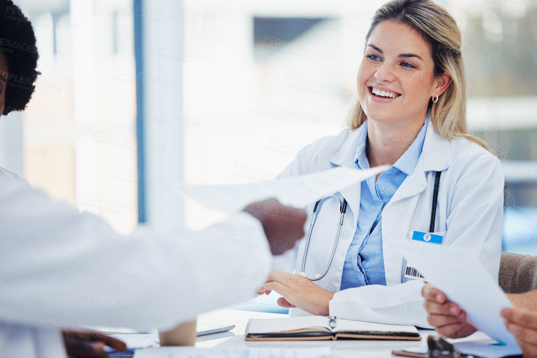 Buy stock photo Doctors, woman and staff with planning, forms and report for procedure, research and innovation. Medical professional, female employee or group with teamwork, admin or talking with feedback or review