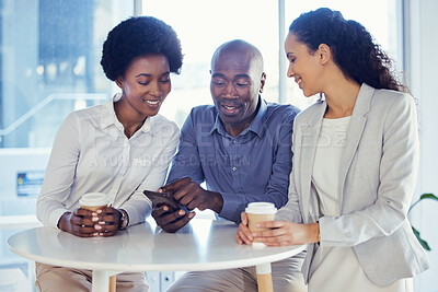 Buy stock photo Work friends, phone and business people in office for online networking, conversation and social media. Corporate, happy and group of workers smile with smartphone for internet, website and meme