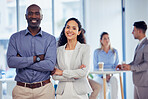 Business team, portrait and office staff with a smile from company management and leadership. Diversity, smile and proud work of a black man and hispanic woman together with corporate success