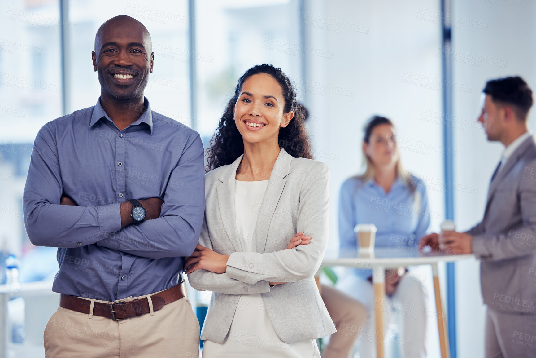 Buy stock photo Business team, portrait and office staff with a smile from company management and leadership. Diversity, happy and proud work of a black man and hispanic woman together with corporate success