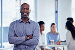 Business man, company manager and portrait of a office leadership employee with a smile. Proud ceo, blurred background and success of a management worker with motivation from team collaboration