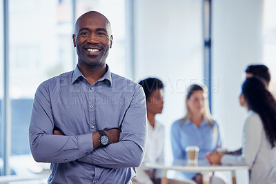 Buy stock photo Business man, company manager and portrait of a office leadership employee with a smile. Proud ceo, blurred background and success of a management worker with motivation from team collaboration