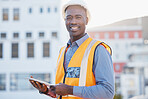 Engineering, tablet and portrait of black man in city for construction, building and architecture. Maintenance, inspection and technology with employee for contractor, digital and project management