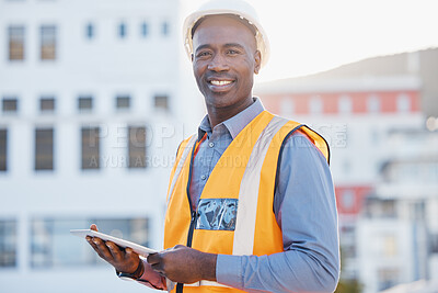 Buy stock photo Engineering, tablet and portrait of black man in city for construction, building and architecture. Maintenance, inspection and technology with employee for contractor, digital and project management