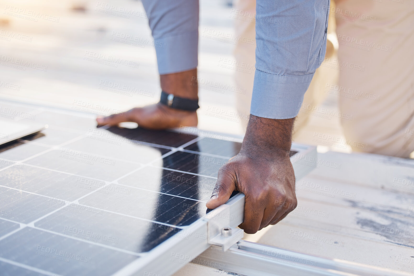 Buy stock photo Black man hands, engineer and solar panel grid of construction worker technician outdoor. Businessman, renewable energy and industrial eco friendly panels of maintenance employee and handyman