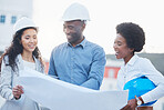 Engineering, blueprint or happy team on construction site with a blueprint for real estate development. Designers, architecture or business people planning a building renovation project in meeting