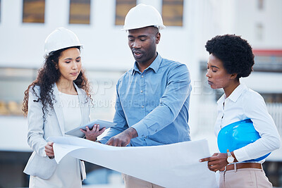 Buy stock photo Engineering, design or business people with blueprint on construction site building together for future innovation. Collaboration, team or employees talking or planning a development project strategy