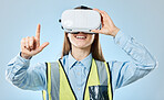 Employee, virtual reality glasses and pointing with woman, development and online planning against a blue studio background. Vr, female technician and engineer with metaverse, networking and success