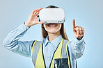 Business, virtual reality glasses and woman pointing, success and girl against blue studio background. Vr, female employee and manager with futuristic technology, digital planning and online system  