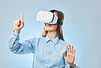 VR headset, metaverse and futuristic technology with virtual screen and young woman on blue background. Digital, video game and user experience with happy female, hands and press invisible button