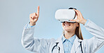 Vr, medical and touch with doctor and headset for augmented reality, healthcare and virtual analysis. Future, cyber and technology with woman and research for expert, medicine or science in studio