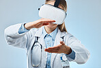 Vr, medical and holding with doctor and headset for augmented reality, healthcare and virtual analysis. Future, cyber and technology with woman and research for expert, medicine or science in studio