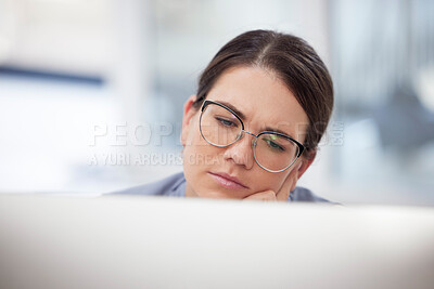 Buy stock photo Sad, thinking and business woman with laptop, planning and online in office with fatigue, tired and worry. Contemplating, corporate and female employee research ideas for career, goal and agency