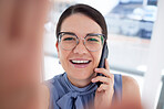 Portrait, phone call and woman taking selfie happy and smile having mobile conversation or communication in an office. Face, head and female corporate employee with cellphone or smartphone