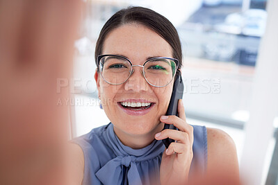 Buy stock photo Portrait, phone call and woman taking selfie happy and smile having mobile conversation or communication in an office. Face, head and female corporate employee with cellphone or smartphone