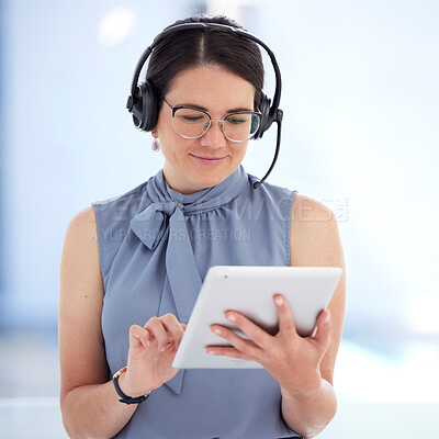 Buy stock photo Tablet, customer service and support with a business woman doing a search on the internet to help a client. Research, contact and data with a female employee consulting using a headset in her office