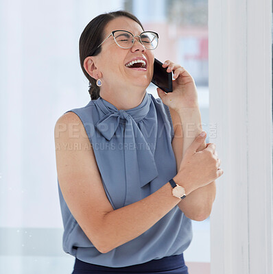 Buy stock photo Phone call, laughing and funny with a business woman in her office, talking on her mobile to share good news. Contact, conversation and humor with a young female employee joking while working