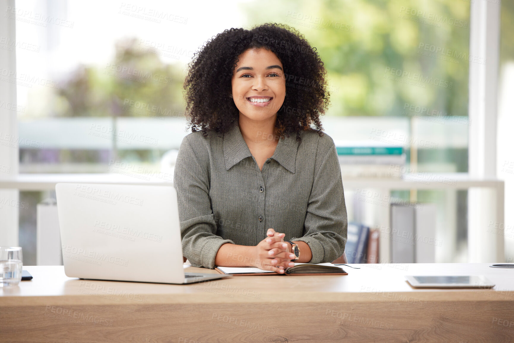 Buy stock photo Happy, smile and laptop with portrait of black woman in office for proposal, executive and corporate project. Technology, internet and professional with employee for email, report and research