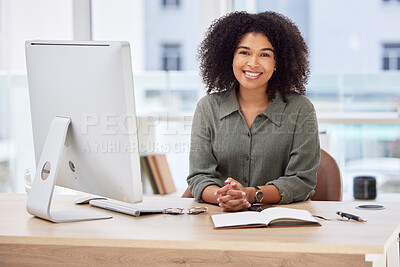 Buy stock photo Happy, smile and computer with portrait of black woman in office for proposal, business and corporate project. Technology, internet and professional with employee for email, report and research