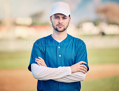 Buy stock photo Sports, baseball and portrait of man on field ready for game, practice and competition with confident mindset. Fitness, wellness and male athlete outdoors for exercise, training and workout for match