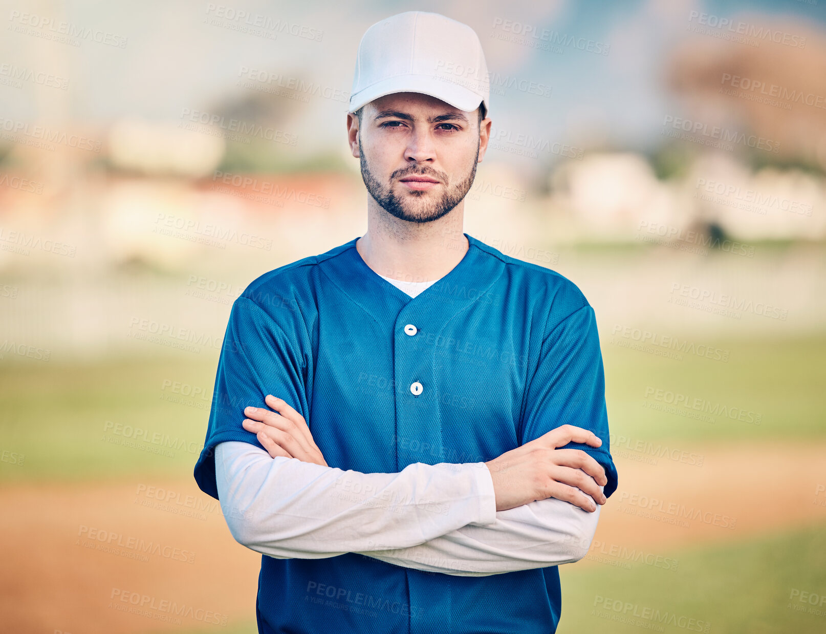 Buy stock photo Sports, baseball and portrait of man on field ready for game, practice and competition with confident mindset. Fitness, wellness and male athlete outdoors for exercise, training and workout for match