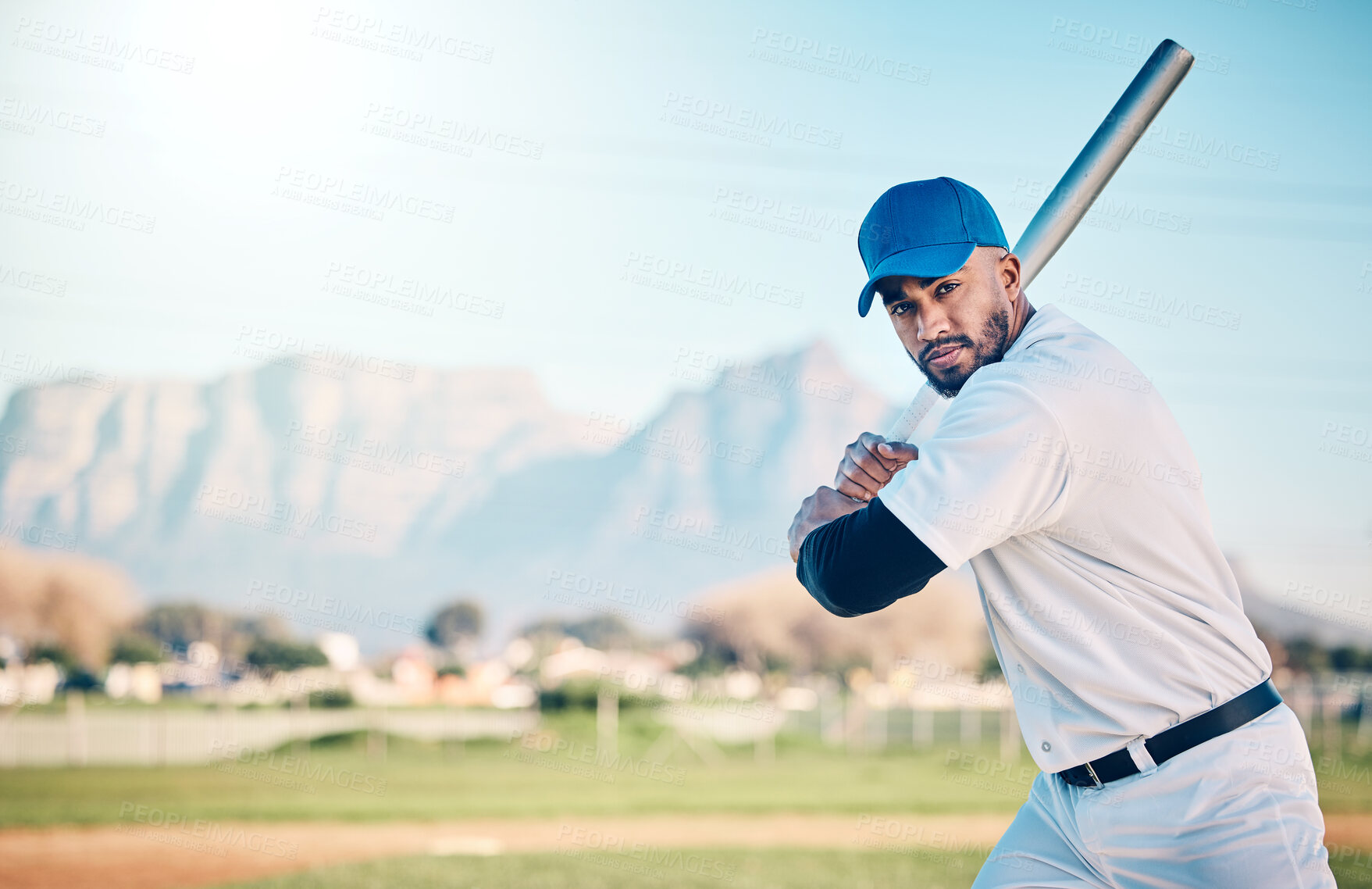 Buy stock photo Baseball bat, athlete portrait and field of a professional player from Dominican Republic outdoor. Sport game, fitness and sports gear of a man doing exercise, training and workout with mockup