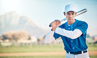 Buy stock photo Portrait, baseball and mockup with a sports black man outdoor on a field standing ready to play a competitive game. Fitness, exercise and training with a serious male athlete outside in a stadium