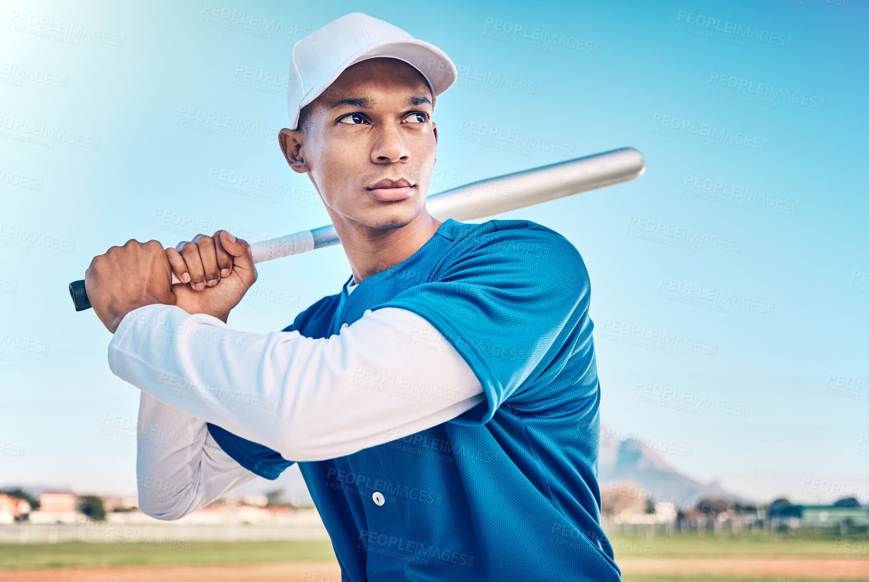 Buy stock photo Sports, baseball and serious man with bat on field ready to hit ball in game, practice and competition. Fitness, motivation and male athlete outdoors for exercise, training and workout for match