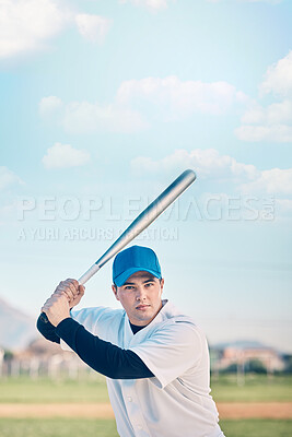 Buy stock photo Sports, baseball and portrait of man with bat on field ready to hit ball in game, practice and competition. Fitness, focus and male athlete outdoors for exercise, training and workout for sport match