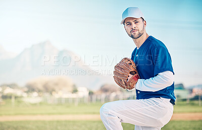 Buy stock photo Sports athlete, baseball field and man focus on competition mock up, practice match or pitcher training workout. Softball, grass pitch and mockup player doing fitness, exercise or pitching challenge
