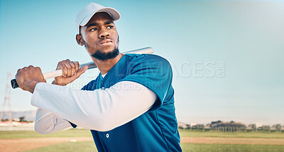 Buy stock photo Baseball focus, athlete and fitness of a professional player from Dominican Republic outdoor. Sport field, bat and sports gear of a man doing exercise, training and workout for a game with mockup