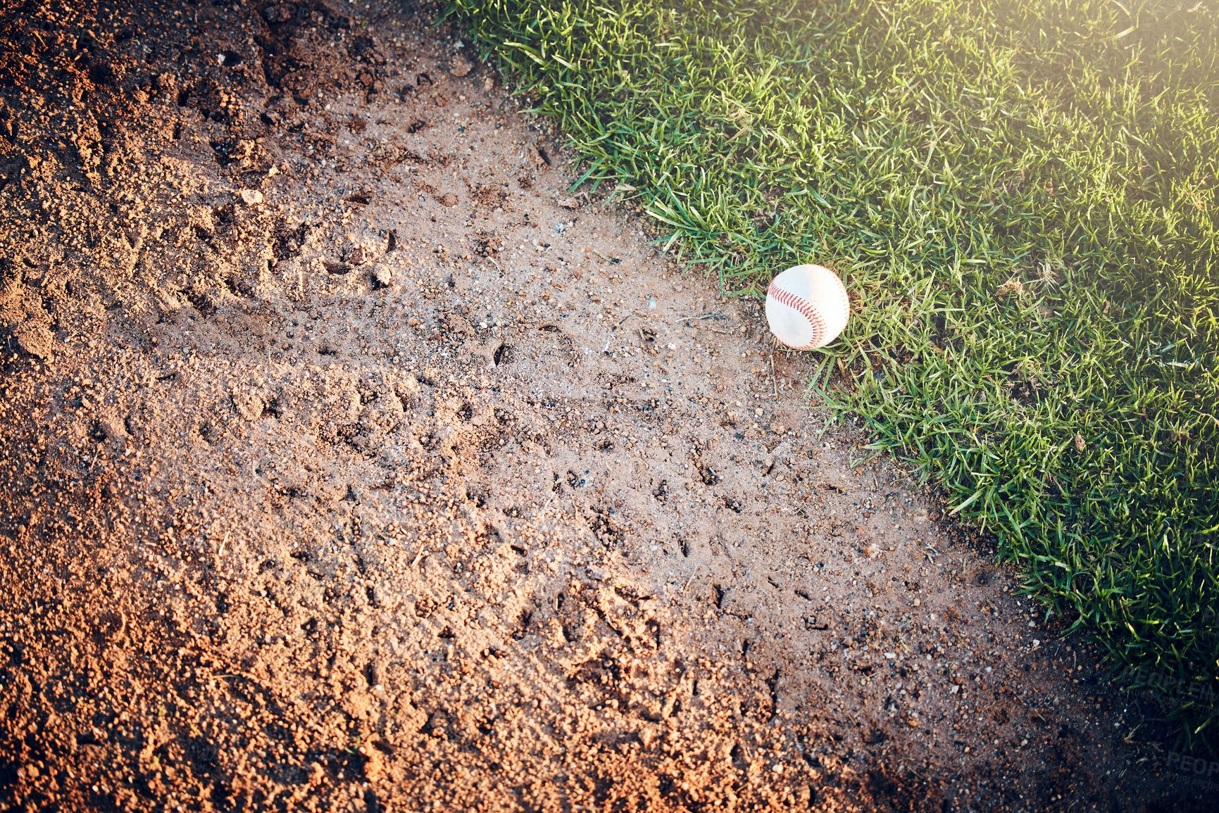 Buy stock photo Sports mockup, baseball and ball on grass for game, practice and competition outdoors. Fitness, sport copy space and softball equipment on field ground for exercise, training and workout for match