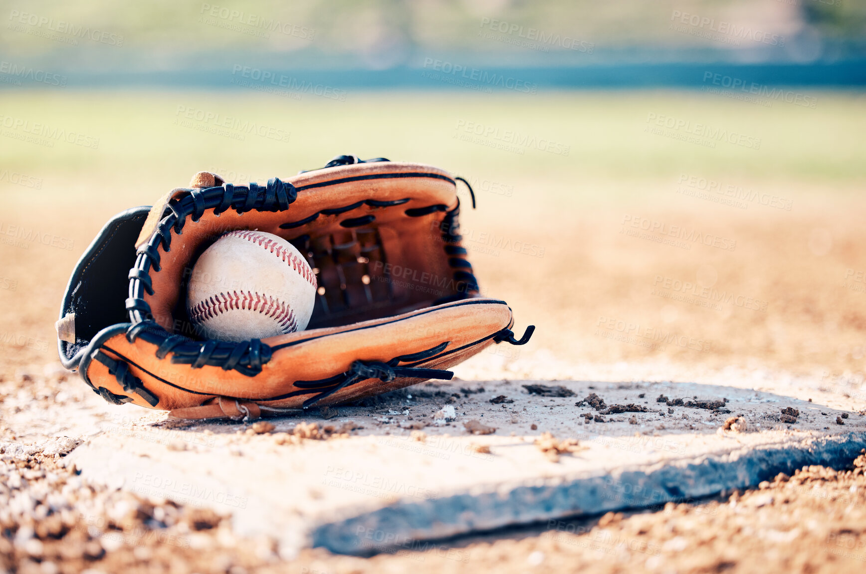 Buy stock photo Sports, baseball and ball in glove on field ready for game, practice and competition outdoors. Fitness mockup, sport copy space and softball equipment on ground for exercise, training and workout