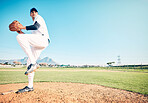 Sports athlete, baseball field or man throwing in competition mock up, practice match or pitcher training workout. Softball, grass pitch or mockup player doing fitness, exercise or pitching challenge