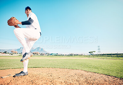 Buy stock photo Sports athlete, baseball field or man throwing in competition mock up, practice match or pitcher training workout. Softball, grass pitch or mockup player doing fitness, exercise or pitching challenge