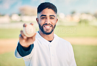 Buy stock photo Baseball player, portrait and sportsman holding ball on match or game day on a sports field or pitch feeling happy. Sport, athlete and pitcher at training with a smile due to health and wellness