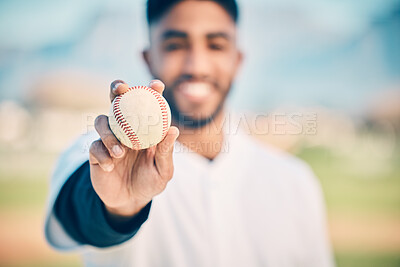 Buy stock photo Baseball field, portrait and pitcher holding ball on match or game day on a sports ground or pitch feeling happy. Sport, athlete and blur pitcher at training with a smile due to health and wellness